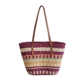 Borsa tote in paglia a righe arcobaleno con tessitura viola e beige e manici in pelle - Fucsia
