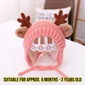 Pink knit baby hat with antlers and warm fleece lining for kids aged 6 months to 3 years - Pink Deer - Lined