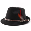 Dettaglio di fedora nero con fascia in pelle intrecciata e piume colorate - M (56-58cm) / Nero