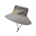 Detail of grey outdoor sun hat featuring breathable mesh panels and Travellero embroidery - Light Gray
