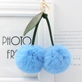Sky blue faux rabbit fur cherry keychain with green leaves and golden metal clasp - Sky Blue