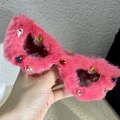 Pink plush faux fur sunglasses with colorful rhinestones and heart shaped crystals - Rose Red Plush With Rhinestones