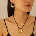Elegant gold U-shape teardrop jewelry set featuring a pendant necklace and matching earrings - Gold Color Stainless Steel U-Shape Jewelry Set