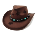 Brown western cowboy felt hat with dark stars, leather band, turquoise and silver rivets - Coffee