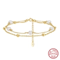 Double-layered S925 sterling silver bracelet with white pearls and gold beads detail - Gold Double-Layer Design (GPB32-14K)