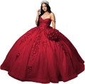 Elegant red strapless ball gown with lace embroidery and tiered tulle skirt for prom - XS / Burgundy