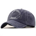 Detail of vintage navy blue baseball cap showing 3D sports embroidery and stitching - Adjustable / Navy Blue