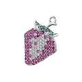 Close-up of strawberry pendant with pink white crystals and green stone leaves - VD1634 Platinum Multi-color Zirconia Strawberry