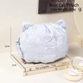 Cute light blue cat makeup bag with floral embroidery and ears, size 17x12x8cm - Blue Cat Bag