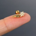 Titanium steel stud piercing with gold flower design, green gem and zircon accents - CC128-2 Gold Flower Leaf