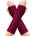 Detail of burgundy diamond-pattern knit long fingerless gloves with cable stitch texture - One Size / Wine Red