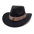 Schwarzer Western-Cowboyhut aus Wolle mit geflochtenem Band, Stierschädel und Nieten - M (56-58cm) / Schwarz