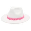 Close-up of white wide brim fedora hat featuring a vibrant pink chunky chain accessory - L(58-60cm) / White