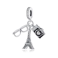 Macro view of 925 silver charms including Eiffel Tower, vintage camera, and glasses - Tower Glasses Black Camera