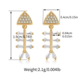 Detailed view of gold fishbone earrings with cubic zirconia and size measurements - Fishbone Shape Gold Drop Earrings