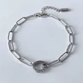 Silver stainless steel paperclip chain bracelet with a sparkling crystal circle charm - Pave Circle Pendant Paperclip Chain (XBL0038-1)