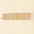 Beige elastic waist belt with a minimalist polished gold metal interlocking buckle - 5cm Wide / Beige Gold