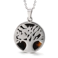 Silver tree of life pendant necklace featuring a tortoise shell textured inlay - Silver Round Hollow Tree of Life Tortoise Pattern Style (KP49611-K)