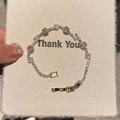 Silver-plated bracelet featuring square pink stones and circular sparkling zircon stones - Square Stone With Folding Clasp / Silver Pink Rhinestone Bracelet