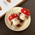 Handmade wool felt red mushroom keychain charms with small baskets and metal rings - Red Mushroom Trio