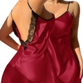 Eleganter burgunderroter Seidensatin-Nachthemd mit schwarzer Blumenspitze und Rückenausschnitt - S / Rot