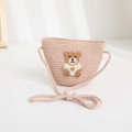 Detail of pink woven straw crossbody bag for kids with cute teddy bear embroidery - 48-52cm / Woven Crossbody Bag / Light Pink