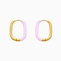 Oval gold metal earrings with pink enamel finish and minimalist stainless steel design - Two-Tone Oval Huggie / Gold + Pink Enamel