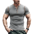 Slim Fit Herren Henley Shirt in Grau mit kurzer Ärmel und Waffelstrick Textur - Grau
