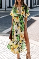 Dettaglio di un maxi abito boho con profondo scollo a V e spacco alto sulla gamba - S / Giallo