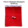 Red velvet Christmas gift backpack with gold drawstring and white pom poms, 70x50cm - Velvet Santa Claus Backpack / 70*50cm
