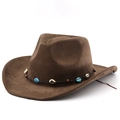 Dark brown faux suede western cowboy hat with bohemian bead and shell decoration - Coffee