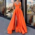 Elegant orange satin long evening dress with spaghetti straps and high slit for women - S / Dresses / Orange
