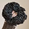 Vintage oversized black floral scrunchie with delicate brown lace trim and ruffles - Black Floral Lace Velvet Scrunchie