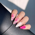 Unghie a mandorla a pressione con motivi pop art ondulati in rosa acceso e bianco - Stile con Colla (Y-156) / Rosa Rosa Bianco Ondulato