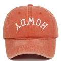 Detail shot of vintage washed orange cotton baseball cap with white Howdy embroidery - Adjustable / Orange