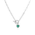 Collier fermoir OT en argent S925 avec gemme cœur verte et pavé de zircons blancs - Platine Zirconia Vert