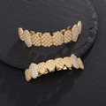 Hip hop gold plated grillz set with sparkling full diamond stones for upper and lower teeth - Gold (Full Set)