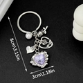 Silver metal keychain with purple heart gemstone and hollow heart charms, 8cm total length - Antique Silver Heart Rose Pearl Style (ER622)