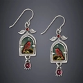 Boucles d'oreilles vintage en argent avec oiseau en émail rouge et pendentif rubis - Motif d'Oiseau Rouge