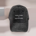 Vintage washed black denim baseball cap with white THICK embroidered text for casual street style - One Size / Black