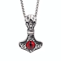 Silver Viking Mjolnir pendant necklace with skull motif and red evil eye gemstone - With 60CM Chain / Red