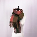 Detail of coral red and olive green plaid scarf with soft fringe edges in British style - Deep Pink