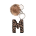 Leopard print leather letter M keychain with brown faux fur pom pom and silver ring - Leopard Letter M