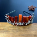 Silver crystal crown headpiece with red stones and crescent moon for bridal wedding jewelry - Red Agate + Triple Moon + Branch