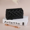 Quilted black down makeup bag with shiny rhombic pattern and zipper closure - Black