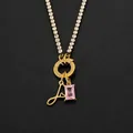 Gold stainless steel DIY letter necklace with pink crystal pendant and rhinestone chain - Letter J