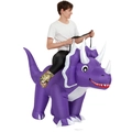 Inflatable purple triceratops costume for adults featuring white horns and camo legs - Riding A Purple Triceratops / One Size