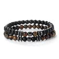 Tiger eye and matte onyx beaded bracelet set with grey metal spacers on white background - 6mm Tiger Eye + Matte Black Set