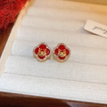 Elegant gold earrings with red enamel deer and crystal accents in a jewelry box - Red Enamel Fawn Rhinestone Style (85#) / Gold-Red