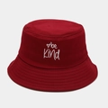 Close-up of be Kind embroidery and heart detail on a red cotton canvas bucket hat - M (56-58cm) / Burgundy